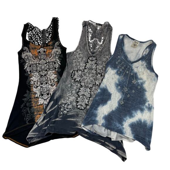 Vocal Tops - Vocal Embellished Cross Tank Top Lot 3 Blue Black Gray Crochet Lace Women’s S